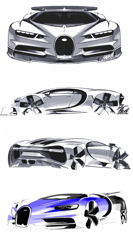 Concept sketches of a sleek supercar showcasing front, side, and rear views with detailed aerodynamic design and features.