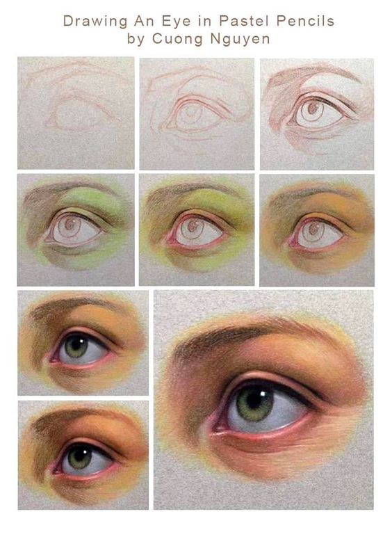 Step-by-step tutorial on drawing a realistic eye with pastel pencils by Cuong Nguyen.