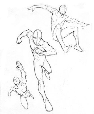 Dynamic superhero figure sketches in three action poses: running, jumping, and leaping. Black and white line drawings.