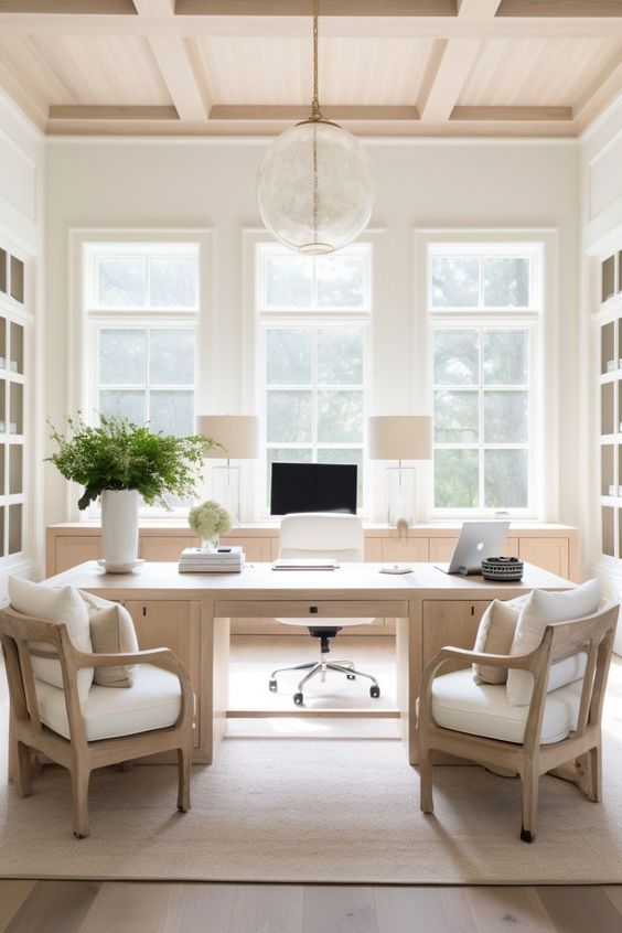 Bright, airy home office with natural light, wooden furniture, and modern decor with a large desk and two cushioned chairs.