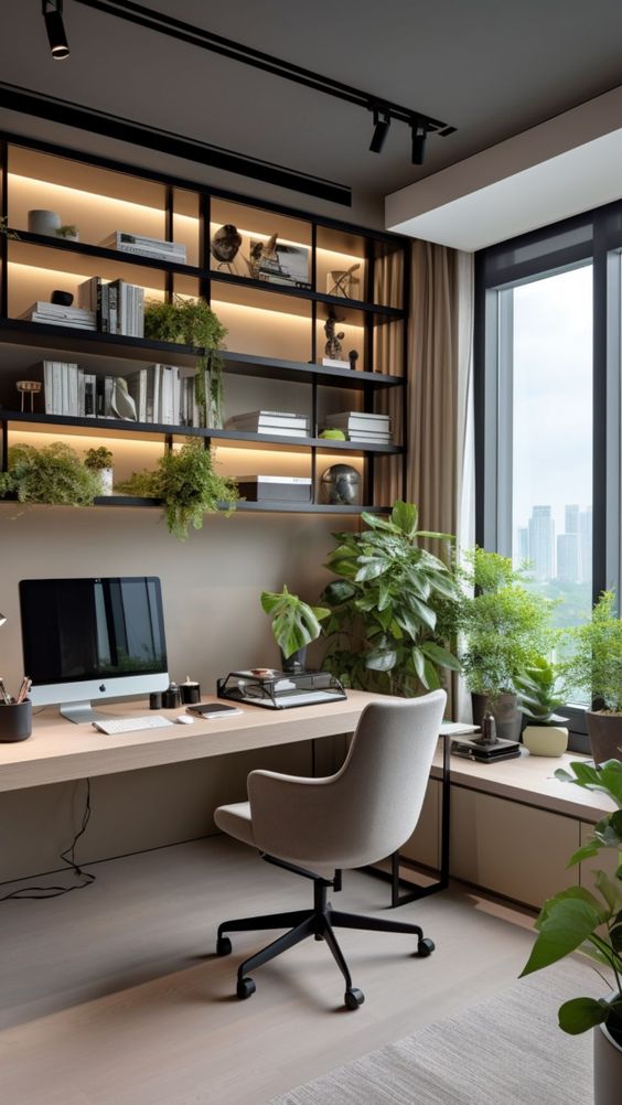 Modern home office with wooden desk, computer, ergonomic chair, indoor plants, and wall shelves. Urban view through window.