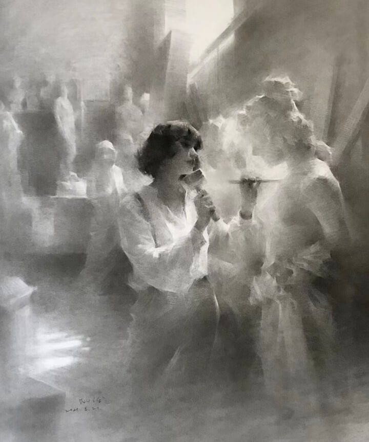 Artist in a hazy, monochromatic scene, painting a female figure; ethereal atmosphere and soft lighting.