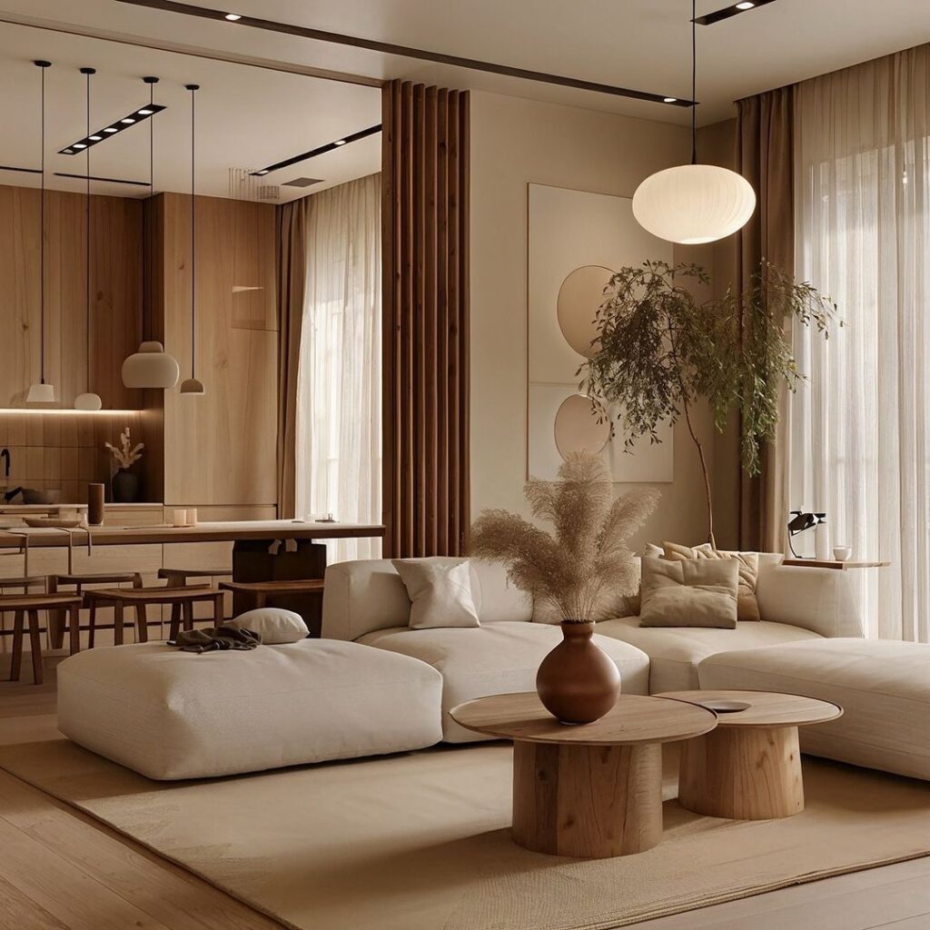 Modern living room with minimalist decor, natural wood furniture, beige sofa, and pendant lighting in a serene, open space.