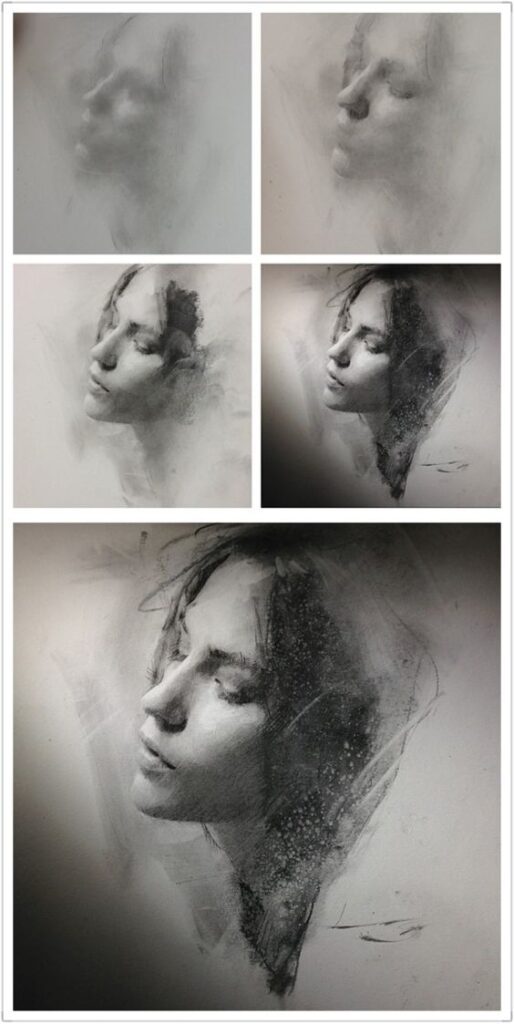 Evolution of a female portrait sketch, showing progressive detailing from a light sketch to a completed, textured drawing.
