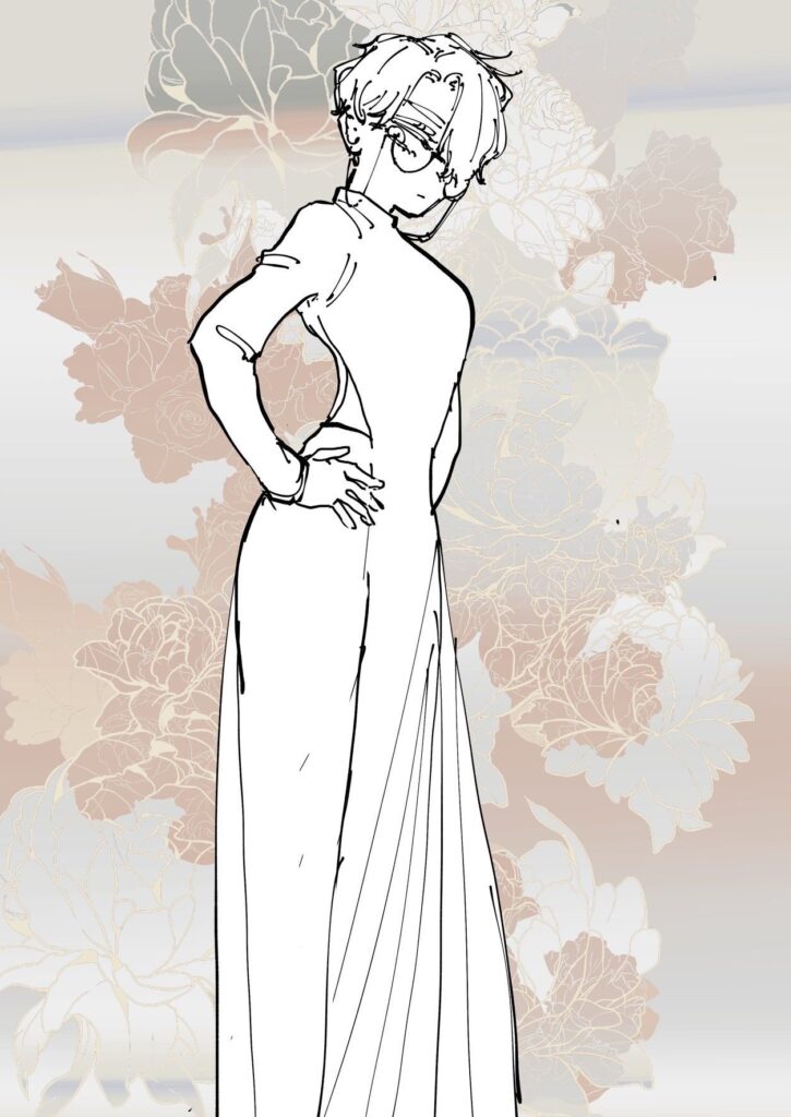 Line art drawing of a person standing confidently in a long dress with a floral background.