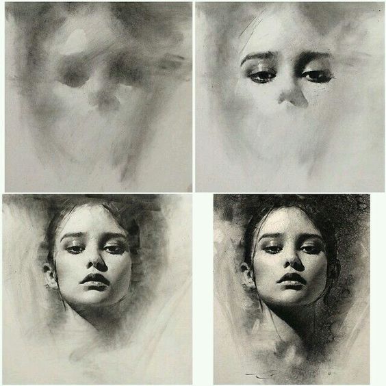 Progression of a portrait sketch transforming from abstract to detailed, revealing a woman's face in four stages.