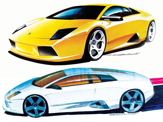 Concept designs of a sleek yellow sports car and a futuristic white car with aerodynamic features and modern lines.