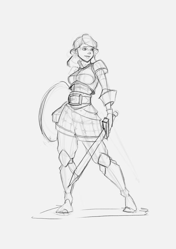 Sketch of a female warrior in armor holding a sword with a shield on her back, ready for battle. Medieval-themed illustration.