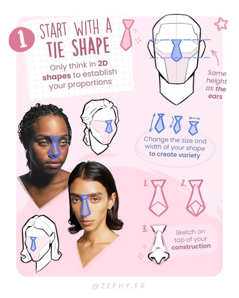 Step-by-step tutorial on drawing faces using a tie shape for proportions. Includes sketches and two photographed examples.