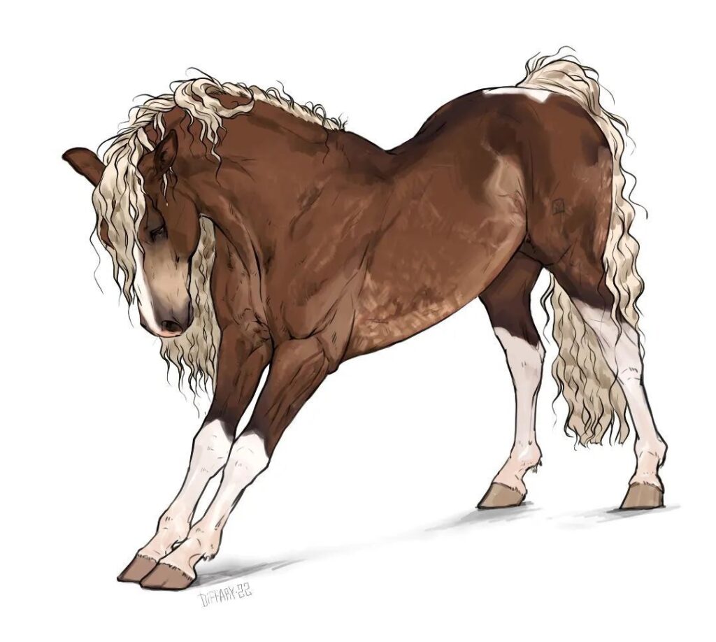 Illustrated brown horse with long, flowing white mane and tail, gracefully bowing. Detailed and artistic depiction.