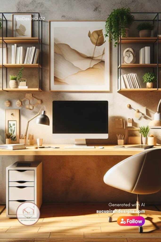 Modern home office setup with wall art, wooden desk, computer, shelves, books, plants, and cozy white chair.