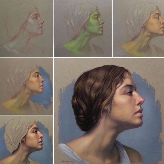 A step-by-step process of a realistic female portrait painting, from initial sketch to final detailed artwork.