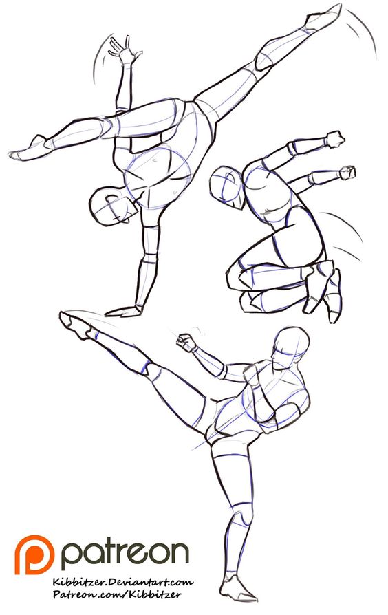 Dynamic sketch of action poses including high kick, backflip, and martial arts stance, promoting Kibbitzer’s Patreon art page.