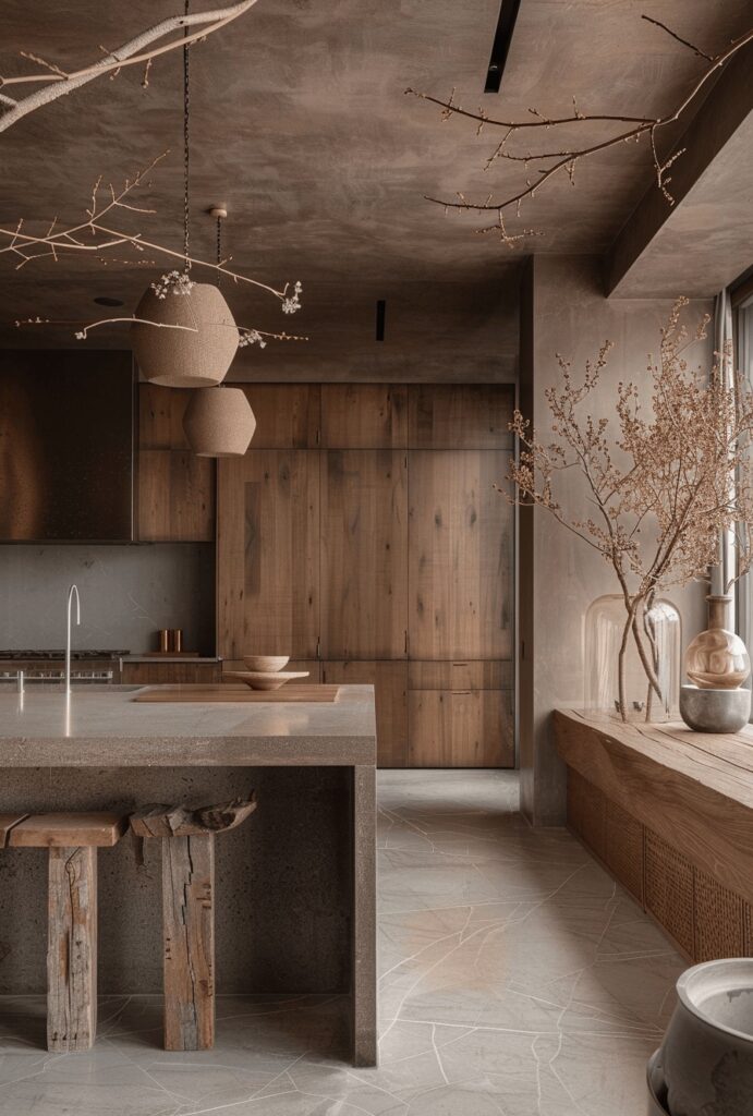 Modern kitchen with rustic wooden cabinets, natural decor accents, concrete island, and pendant lights for minimalist look.