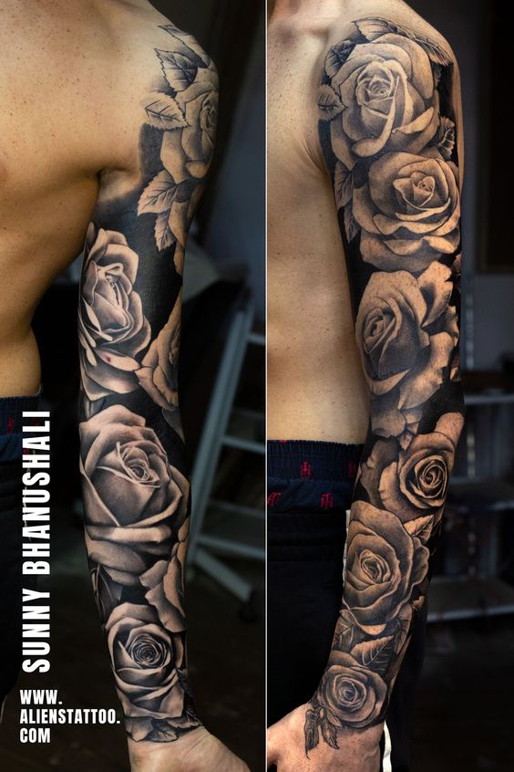 Full sleeve rose tattoo on a person's right arm by Sunny Bhanushali from Alien's Tattoo. Realistic flower ink design.