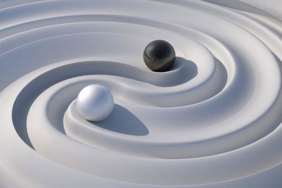 Abstract Yin Yang illustration with black and white spheres on smooth, curved white surface, symbolizing balance and harmony.