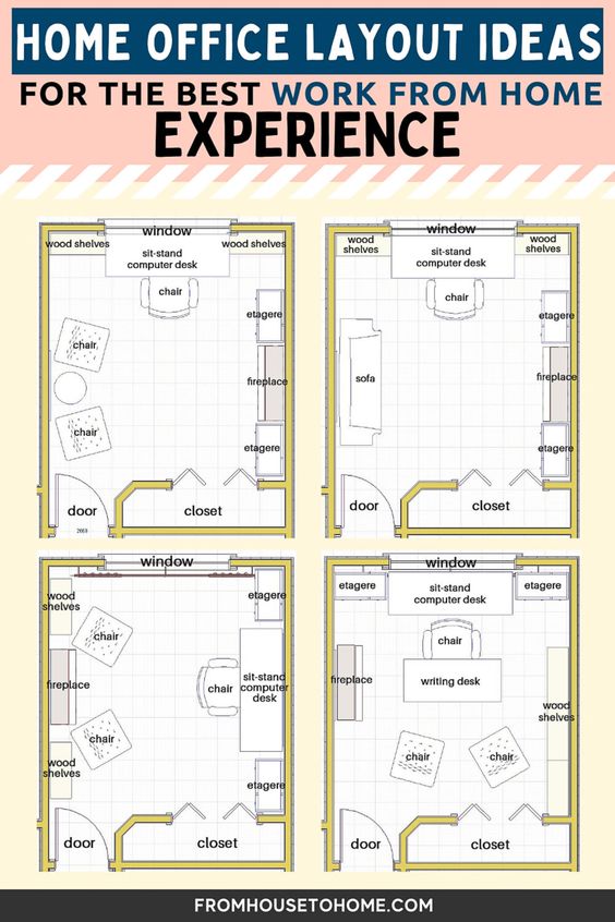 Discover optimal home office layouts for a productive work-from-home experience. Four design variations for inspiration.