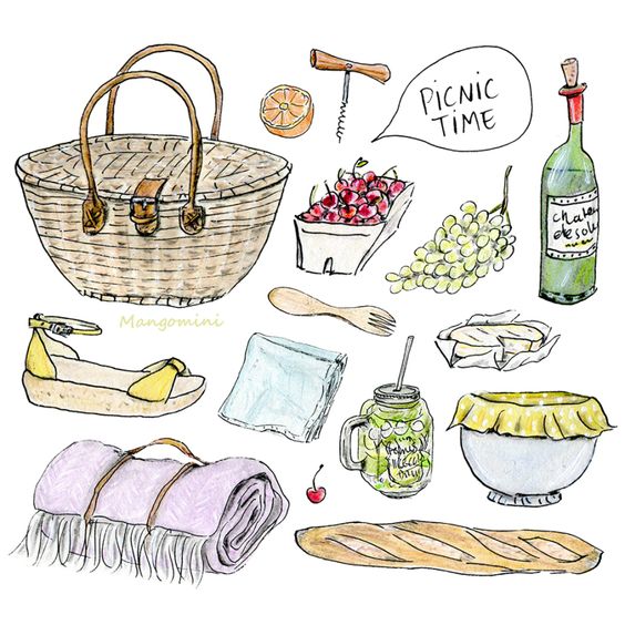 Watercolor picnic essentials: basket, wine, fruit, bread, utensils, blanket, and mason jar with cocktail. Text “Picnic Time.”