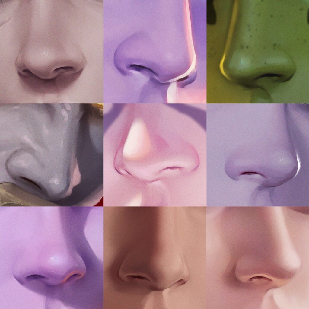 Close-up of diverse digitally illustrated noses displayed in a grid formation with varied colors and textures.