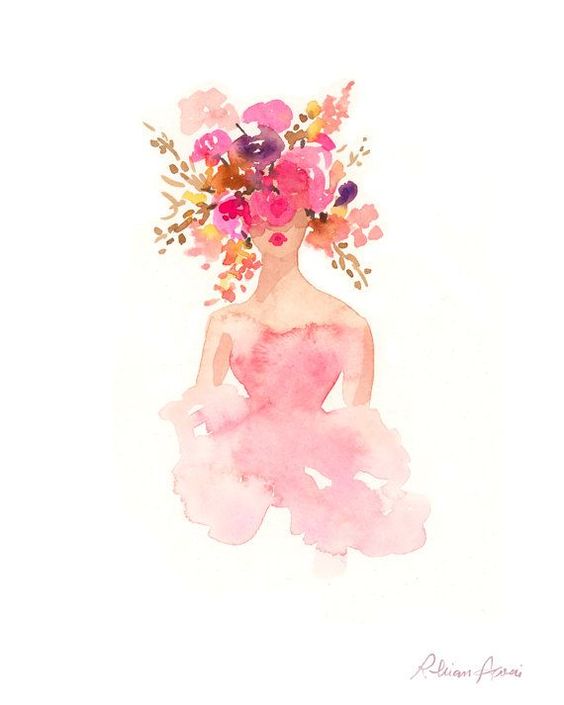 Watercolor painting of a woman in a pink dress with colorful flowers covering her face, on a white background.