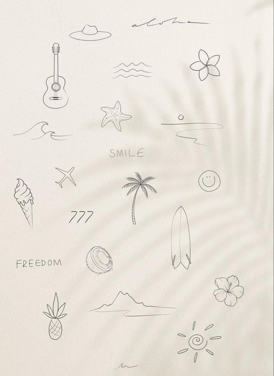 Minimalist tropical doodles with hat, guitar, waves, flowers, palm tree, surfboard, ice cream, airplane, coconut, mountains, and sunshine.