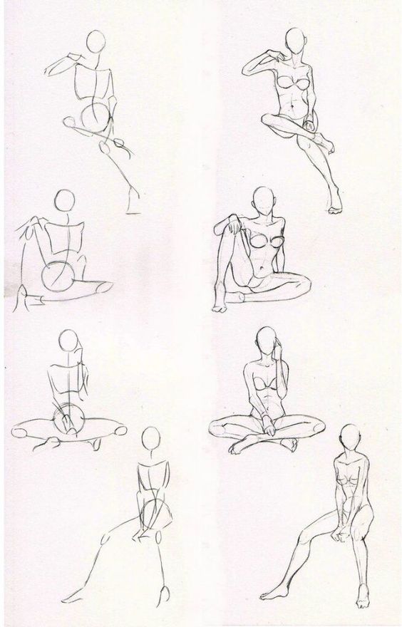 Sketches of seated human figures in various poses, showcasing the progression from basic shapes to more detailed anatomy.