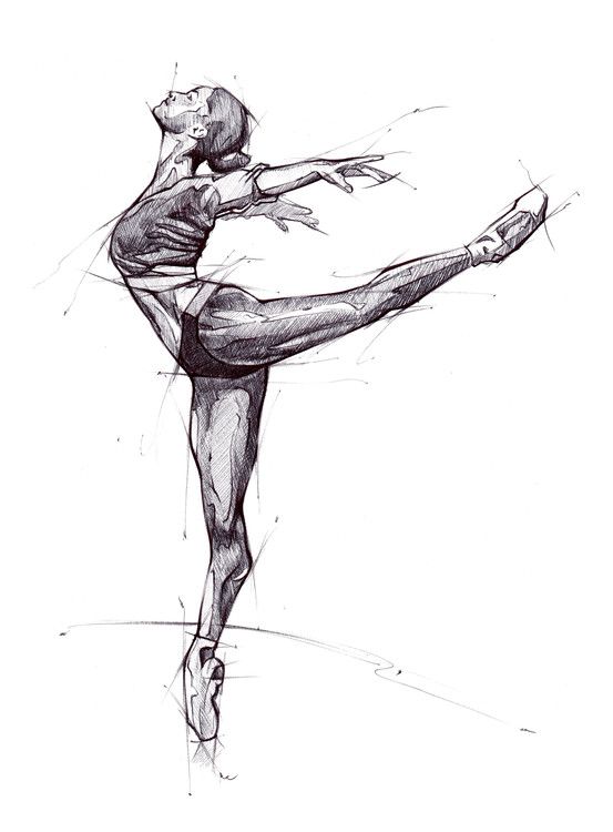 Sketch of a ballet dancer in an elegant arabesque pose, showcasing grace and balance. Black and white art illustration.