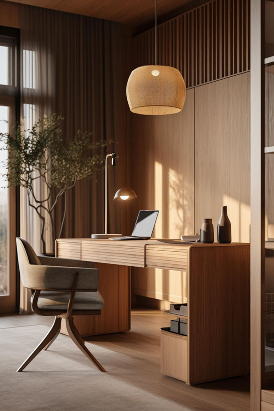 Minimalist home office with wooden desk, modern chair, laptop, and warm lighting. Cozy and stylish workspace design.