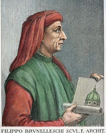 Portrait of Filippo Brunelleschi holding a drawing of the Florence Cathedral dome, showcasing Renaissance architecture.