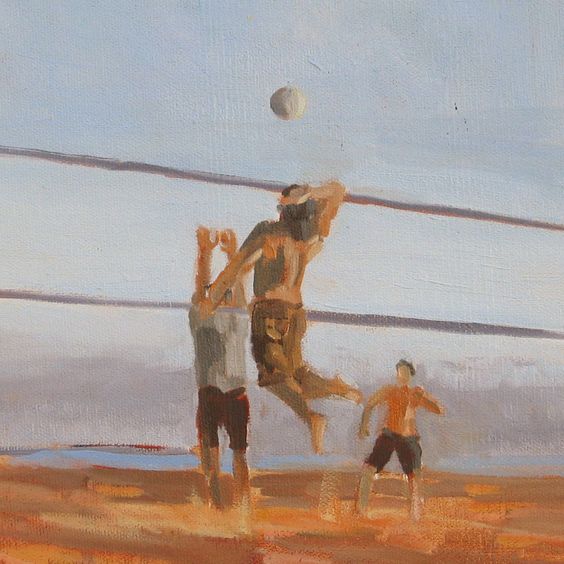Painting of men playing beach volleyball, showing a player spiking the ball over the net with teammates and opponents around.