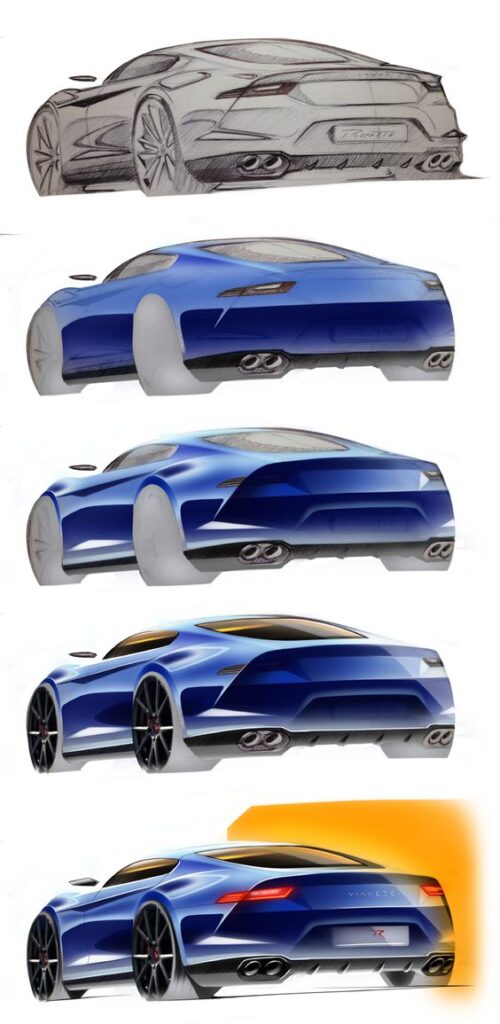 Design evolution of a stylish blue sports car from sketch to finalized concept with intricate details and sleek lines.