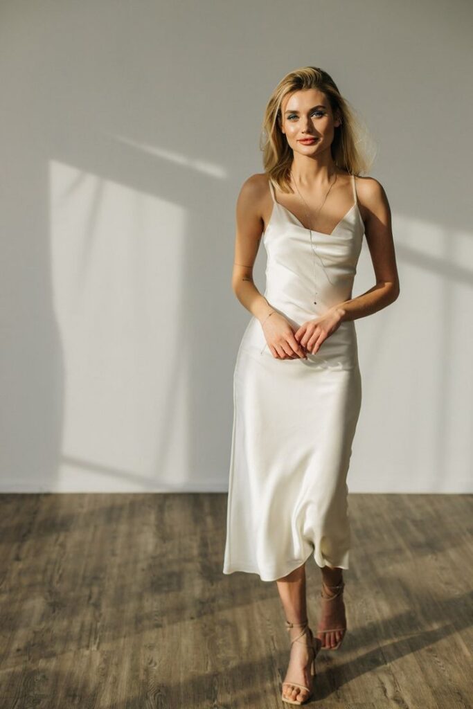 Woman in a white satin dress standing on a wooden floor, bathed in natural sunlight from a nearby window.