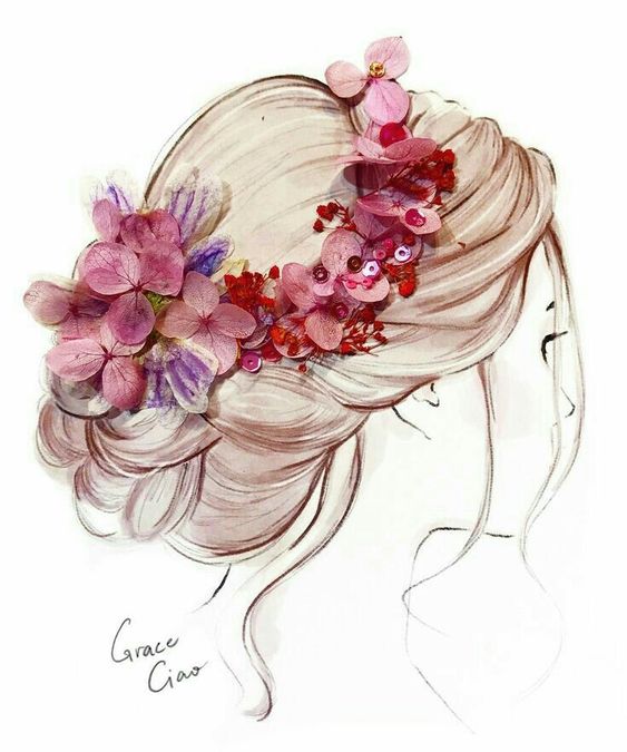Elegant hair illustration with pink floral crown; delicate artistic sketch with real flowers for a romantic look.