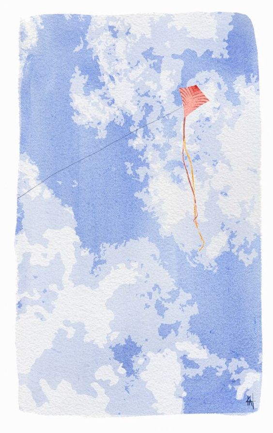 Illustration of a red kite flying against a blue sky with fluffy white clouds, conveying freedom and tranquility.