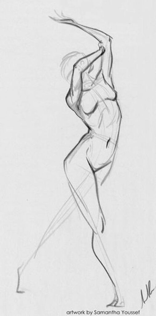 Sketch of a graceful nude figure in a dynamic pose, showcasing fluid lines and artistic anatomy study. Artwork by Samantha Youssef.