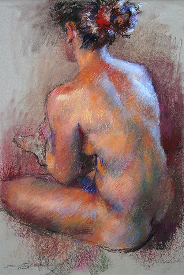 Artistic pastel sketch of a seated nude woman from behind, showcasing rich, vibrant colors and detailed texture.