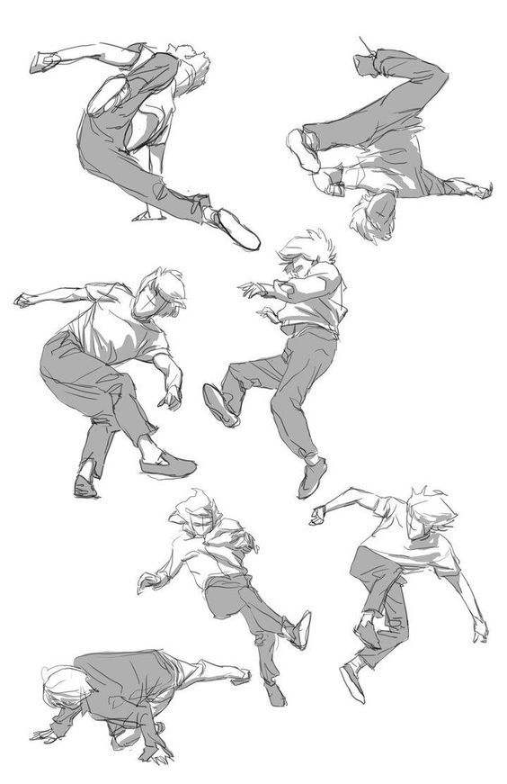 Sketches of a person breakdancing in various dynamic poses; line art illustration showcasing movement and dance.