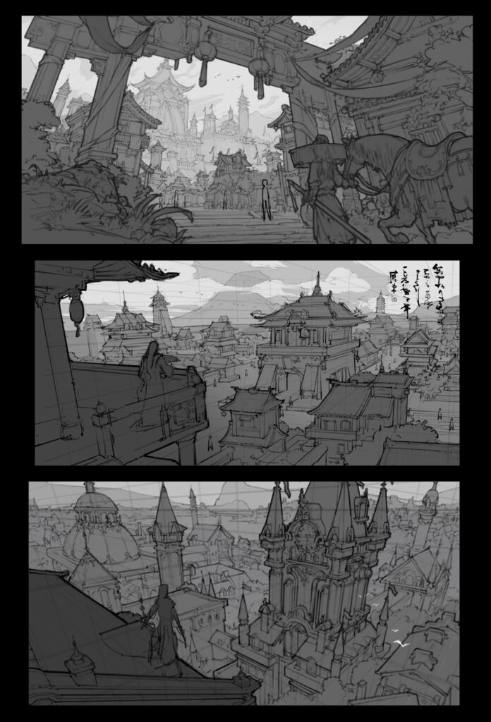 Concept art of an ancient Asian city featuring detailed architecture, pagodas, and a samurai with a horse in the foreground.