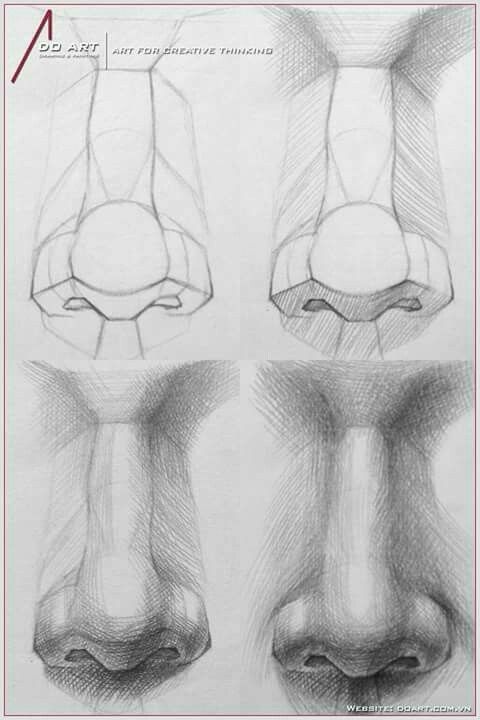 Four stages of drawing a realistic nose with pencil, showing step-by-step shading and shaping techniques.