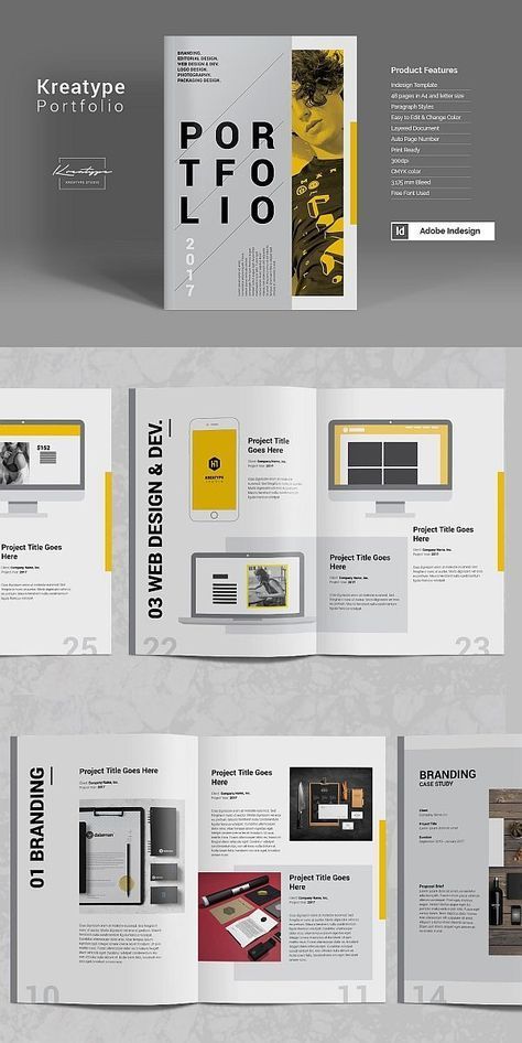 Modern graphic design portfolio template displayed, showcasing web design, branding projects, available in Adobe InDesign.