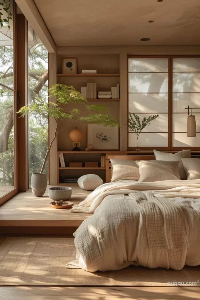 Minimalist bedroom with cozy bed, wooden shelves, natural light, and greenery creating a serene Japanese-style ambiance.