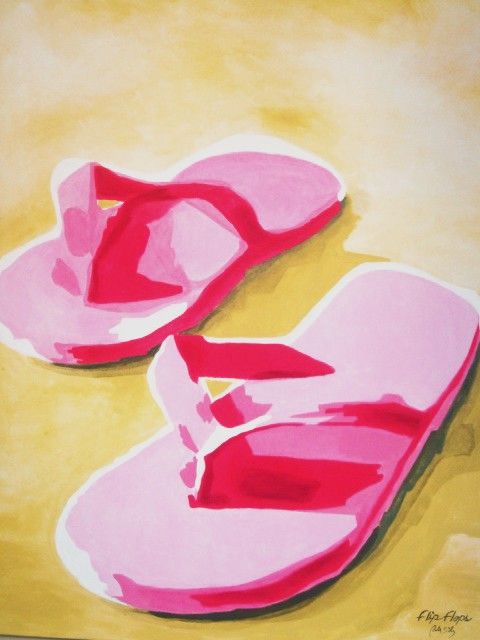 Painting of pink flip-flops on a yellow background, emphasizing vibrant summer footwear illustrated using bright colors.