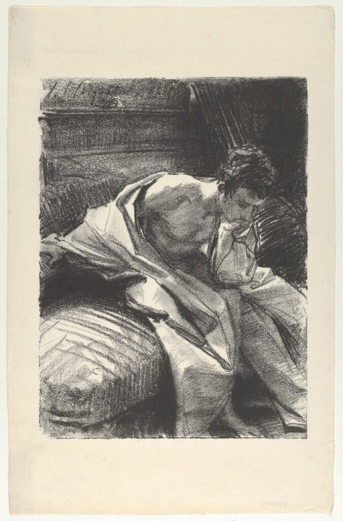 Vintage charcoal sketch of a person sitting in a contemplative pose with draped fabric on a cushioned seat.