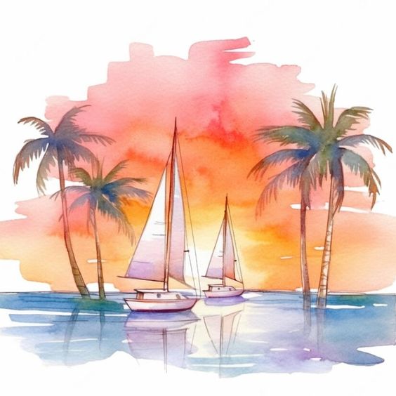 Watercolor sunset with sailboats and palm trees, tranquil ocean scene, vibrant hues of orange and pink sky reflecting on water.