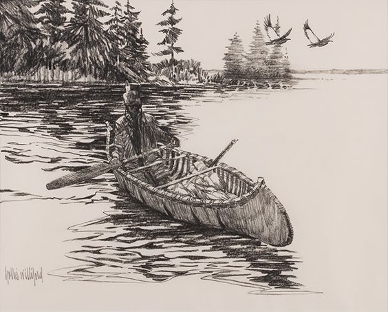 Sketch of a man paddling a canoe on a lake with trees and birds in the background. Nature, adventure, and solitude depicted.