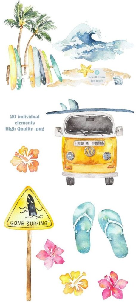 Watercolor beach elements: surfboards, wave, starfish, van, flip-flops, hibiscus flowers, and Gone Surfing sign. High quality PNG.
