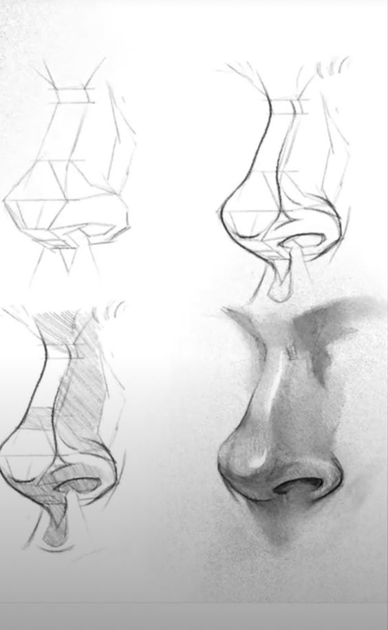 Step-by-step guide for drawing a nose: basic structure to detailed shading sketch. Pencil drawing tutorial.