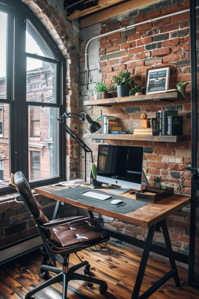 Rustic home office with wooden desk, computer, comfy leather chair, shelves with plants, books, and exposed brick walls.