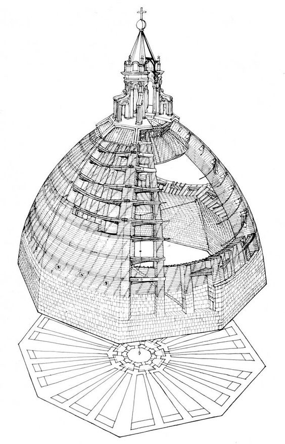 Architectural drawing of a detailed dome with octagonal base and structural details.