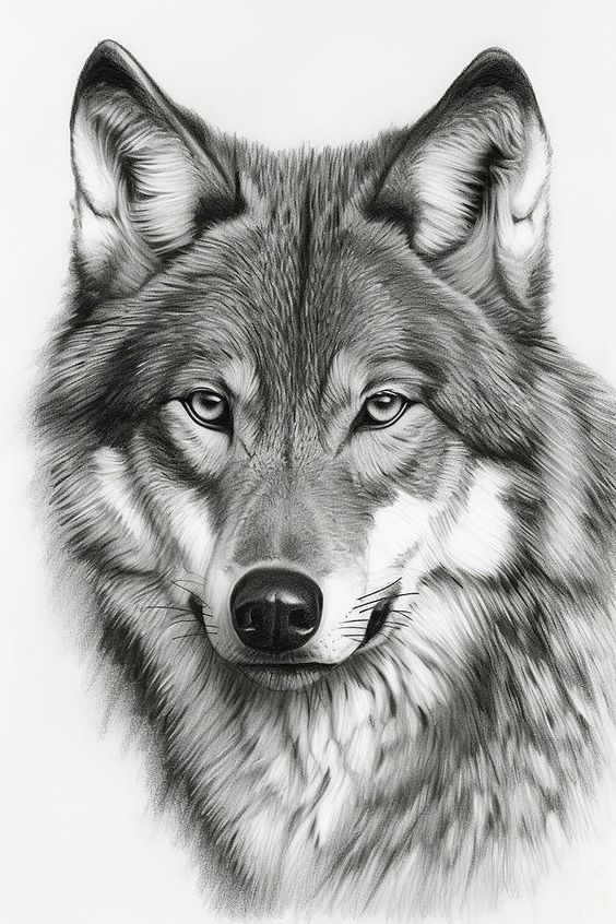 Detailed black and white wolf drawing with piercing eyes and textured fur, emphasizing realistic artistry.